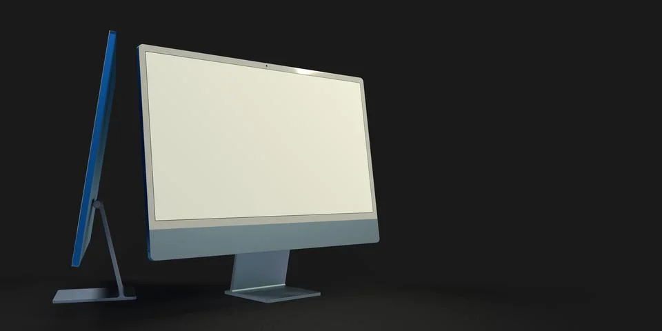 Realistic 3D computer, with a white screen, isolated on a black background Stock Illustration