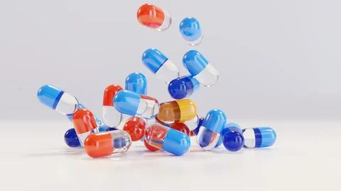 Realistic 3d different color medical pills, Colorful capsules, painkillers Illustrazione stock
