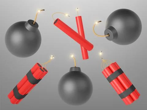 Realistic 3d dynamite and bomb. Dangerous explode elements, burning bombs wicks Stock Illustration