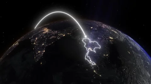 Realistic 3D Earth Night Flight Path Arc from Barcelona Spain to Bangkok Tha Stock Footage 320380744