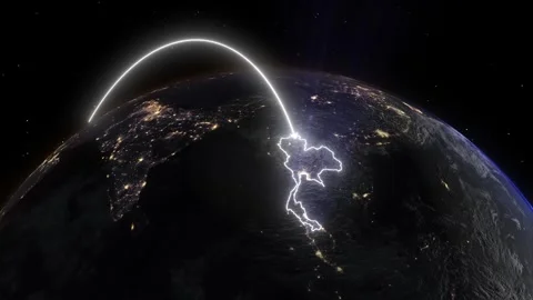 Realistic 3D Earth Night Flight Path Arc from Istanbul Turkey to Bangkok Tha Stock Footage 320380752