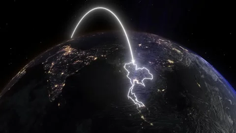 Realistic 3D Earth Night Flight Path Arc from Helsinki Finland to Bangkok Th Stock Footage 320380754