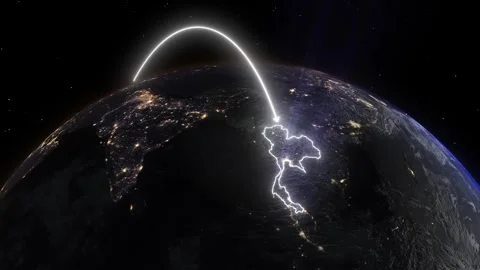 Realistic 3D Earth Night Flight Path Arc from London United Kingdom to Bangk Stock Footage 320380764