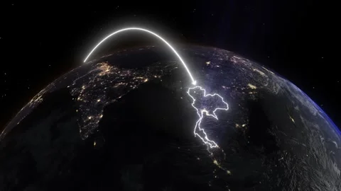 Realistic 3D Earth Night Flight Path Arc from Madrid Spain to Bangkok Thaila Stock Footage 320380765