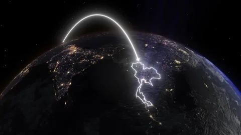 Realistic 3D Earth Night Flight Path Arc from Paris France to Bangkok Thaila Stock Footage 320380772