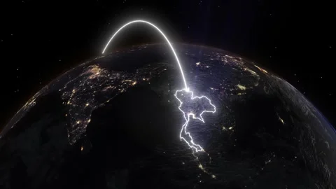 Realistic 3D Earth Night Flight Path Arc from St. Petersburg Russia to Bangk Stock Footage 320380780