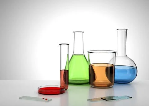 Realistic 3D Empty Lab Equipment Test Tube, flask, beaker, Petri dish 3D Illu イラスト素材