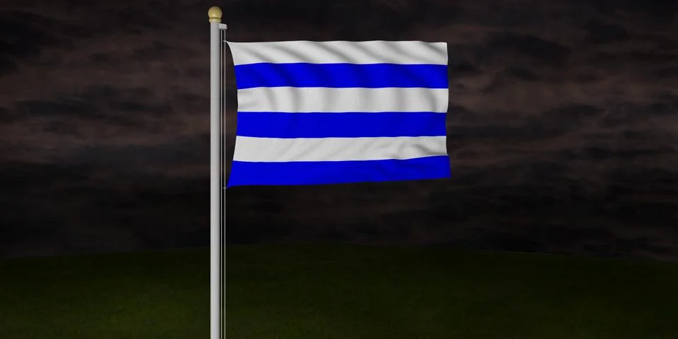 Realistic 3D flag of Dunkirk (Dunkerque) against dark ominous sky Stock Illustration