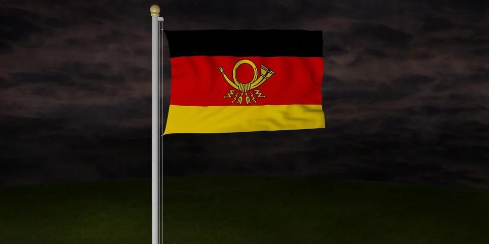 Realistic 3D flag of German Post against dark ominous sky Stock Illustration