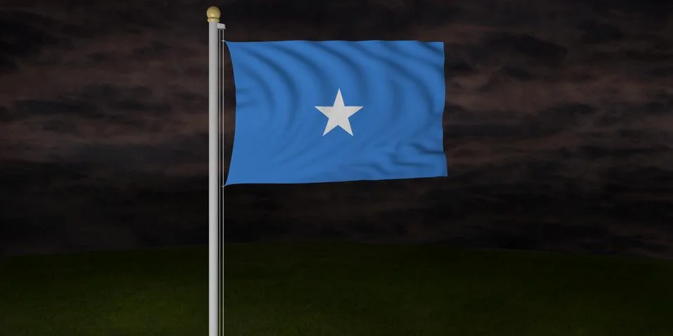 Realistic 3D flag of Somalia against dark ominous sky Stock Illustration