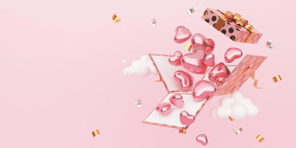 Realistic 3d gift boxes open present and heart . Holiday banner or advertising Stock Illustration