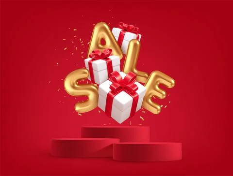 Realistic 3d gift boxes with red gift bows and Gold word Sale in the red Illustrazione stock