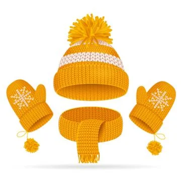 Realistic 3d Hat with a Pompom, Scarf and Mitten Set. Vector 스톡 일러스트