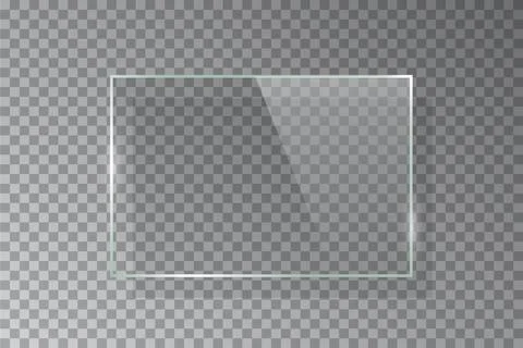 Realistic 3d horizontal rectangular glass frame isolated on grey transparent Stock Illustration