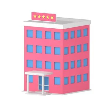 Realistic 3d icon pink public hotel building exterior door entrance and win.. Ilustración de archivo