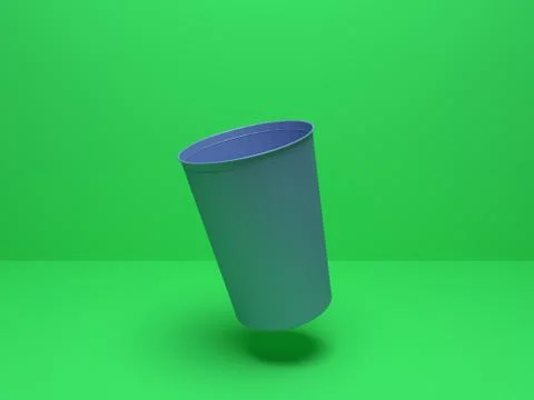 Realistic 3D illustration of the levitating plastic cup on a red background. Illustrazione stock