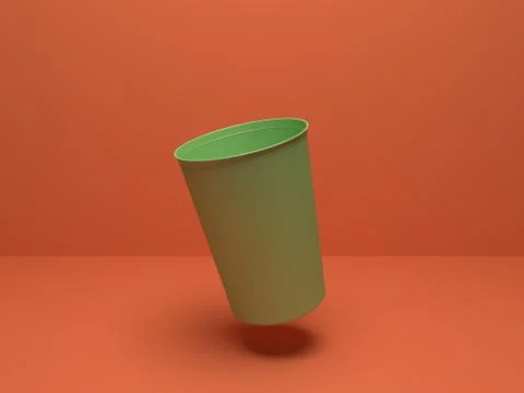 Realistic 3D illustration of the levitating plastic cup on a red background. Stock-Illustration