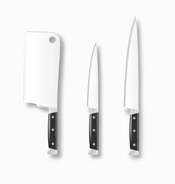 Realistic 3D kitchen knife set meat cleaver types of cutlery for cooking Stock Illustration