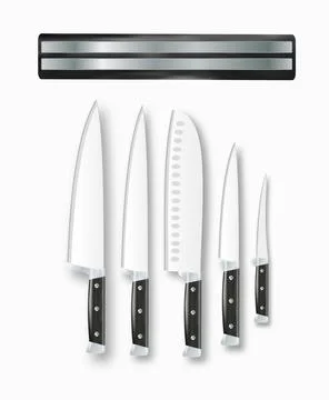 Realistic 3D kitchen knife set meat cleaver types of cutlery for cooking Stock Illustration