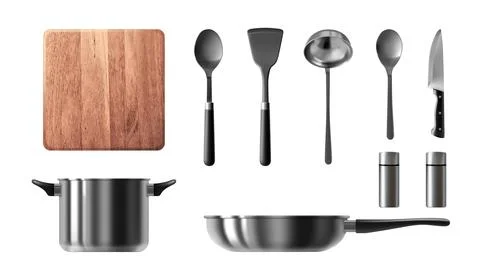 Realistic 3D kitchen utensils isolated on white Illustrazione stock