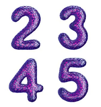 Realistic 3D letters set 2, 3, 4, 5 made of purple plastic. Stock Illustration