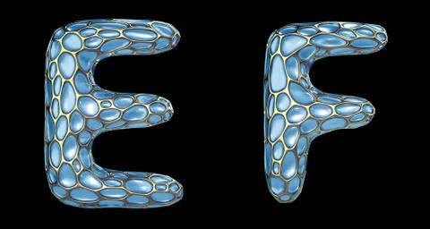 Realistic 3D letters set E, F made of gold shining metal letters. Stock Illustration