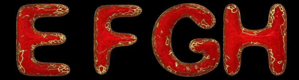 Realistic 3D letters set E, F, G, H made of gold shining metal letters. Stock Illustration