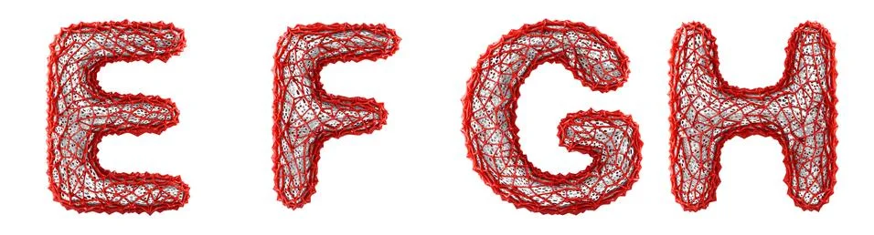 Realistic 3D letters set E, F, G, H made of red plastic. Stock Illustration