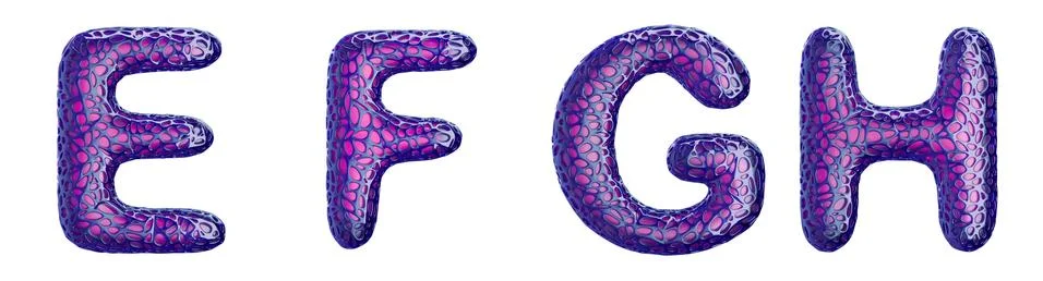 Realistic 3D letters set E, F, G, H, made of purple plastic. Stock-Illustration