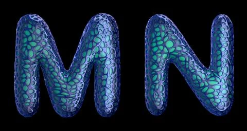 Realistic 3D letters set M, N made of blue plastic. Illustrazione stock