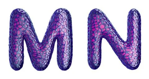 Realistic 3D letters set M, N made of purple plastic. Stock Illustration