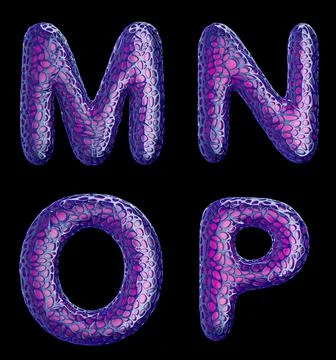 Realistic 3D letters set M, N, O, P made of purple plastic. Stock Illustration