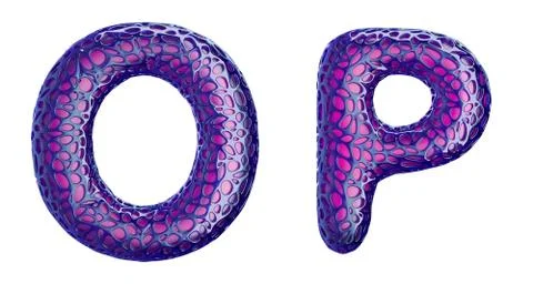 Realistic 3D letters set O, P made of purple plastic. Illustrazione stock