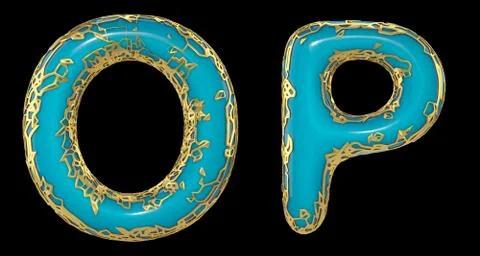 Realistic 3D letters set O, P made of gold shining metal letters. イラスト素材