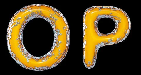 Realistic 3D letters set O, P made of silver shining metal letters. Illustrazione stock