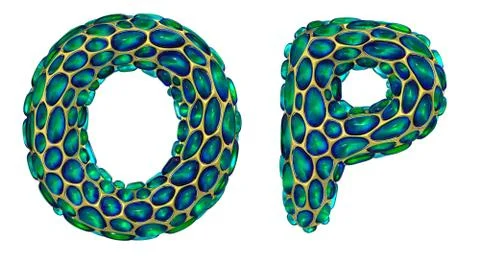 Realistic 3D letters set O, P made of gold shining metal letters. Illustrazione stock