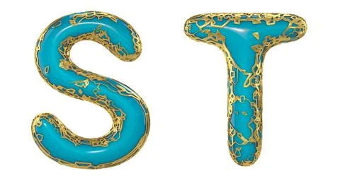 Realistic 3D letters set S, T made of gold shining metal letters. Stock Illustration