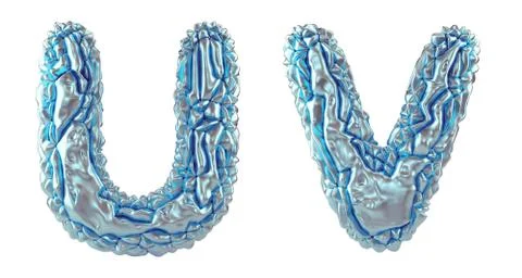 Realistic 3D letters set U, V made of crumpled foil. Collection symbols of Illustrazione stock