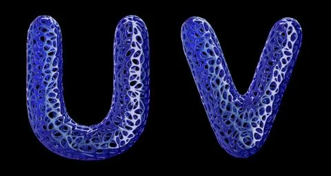 Realistic 3D letters set U, V made of blue plastic. Stock Illustration