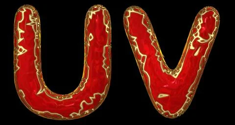 Realistic 3D letters set U, V made of gold shining metal letters. Illustrazione stock