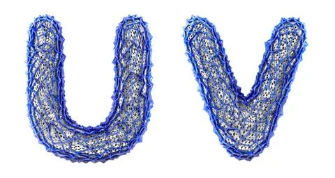 Realistic 3D letters set U, V made of blue plastic. Stock Illustration