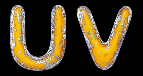 Realistic 3D letters set U, V made of silver shining metal letters. Illustrazione stock