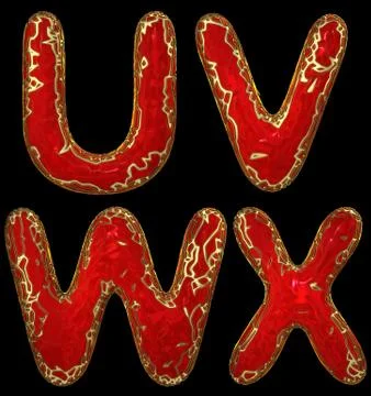 Realistic 3D letters set U, V, W, X made of gold shining metal letters. Illustrazione stock
