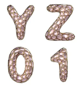 Realistic 3D letters set Y, Z and numbers set 0, 1 made of gold shining metal Stock Illustration