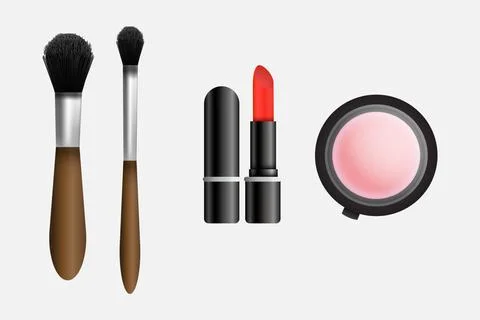  Realistic 3d makeup vector set cosmetic. Eyeliner brush, lipstick and pow... Stock Photos