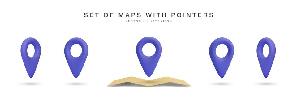 Realistic 3d map with set of blue pointer in different views isolated on whit Stock-Illustration