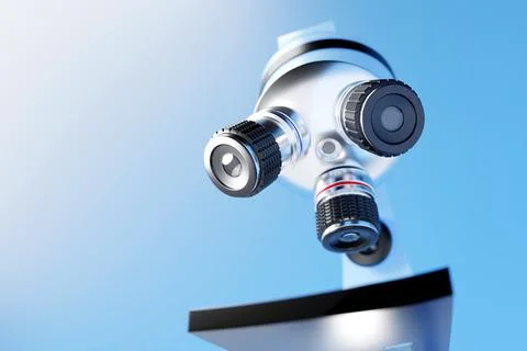 Realistic 3d microscope on blue background, laboratory equipment. Microscope  Stock Illustration