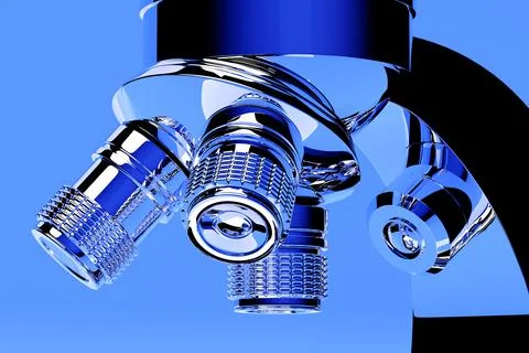 Realistic 3d microscope on purple  background, laboratory equipment. Microsco Illustrazione stock