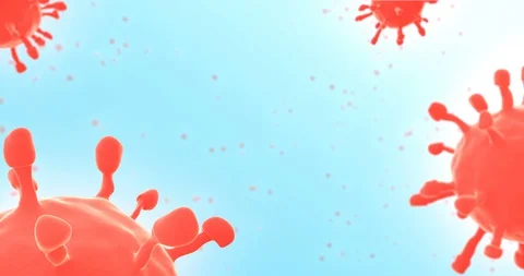 Realistic 3D model of coronavirus red cells spinning and flying on blue Stock Footage 128434927