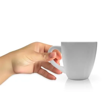 Realistic 3D model of cup white color. Vector IMan's naturalistic hand holds a Stock Illustration